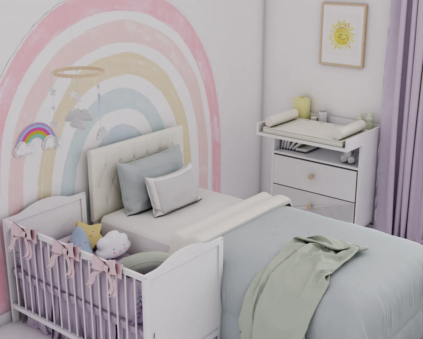 Close view of white crib with pink bow rail ties, cloud and star plush toys, and large rainbow mural directly behind