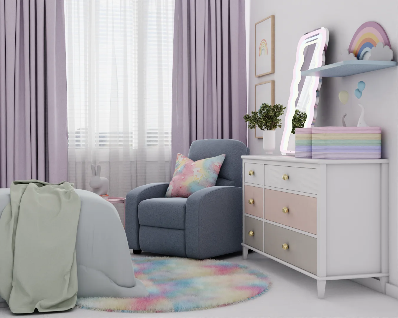 Detail of white dresser with pastel drawer fronts in blush and taupe, gold stud knobs, neon mirror, and rainbow decor shelf