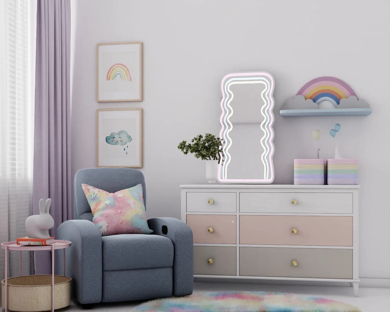 Neon wavy LED mirror on white dresser top with rainbow cloud shelf, framed art prints, and pastel storage boxes