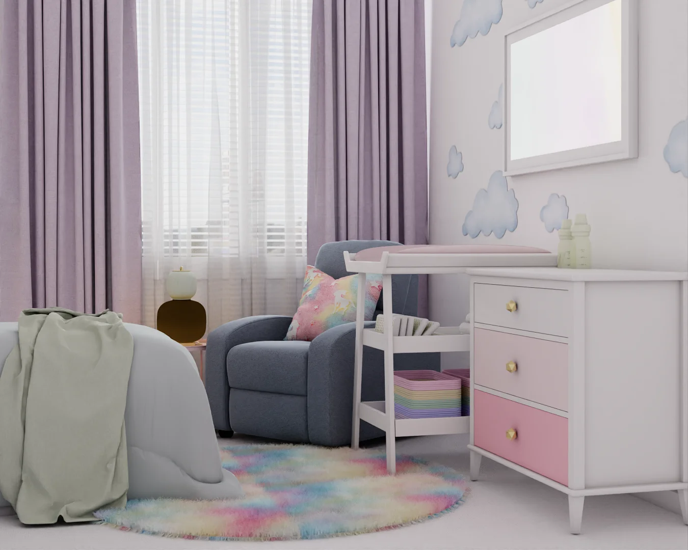 Slate blue rocker beside lavender curtains with pink-drawer dresser, rainbow rug, and changing table shelf