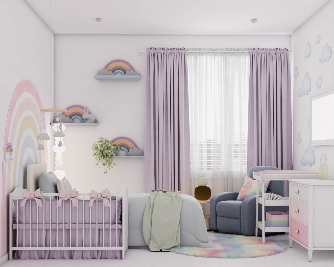 Wide angle view of pastel nursery showing full rainbow mural wall, lavender curtains, white crib with cloud mobile, and blue rocker