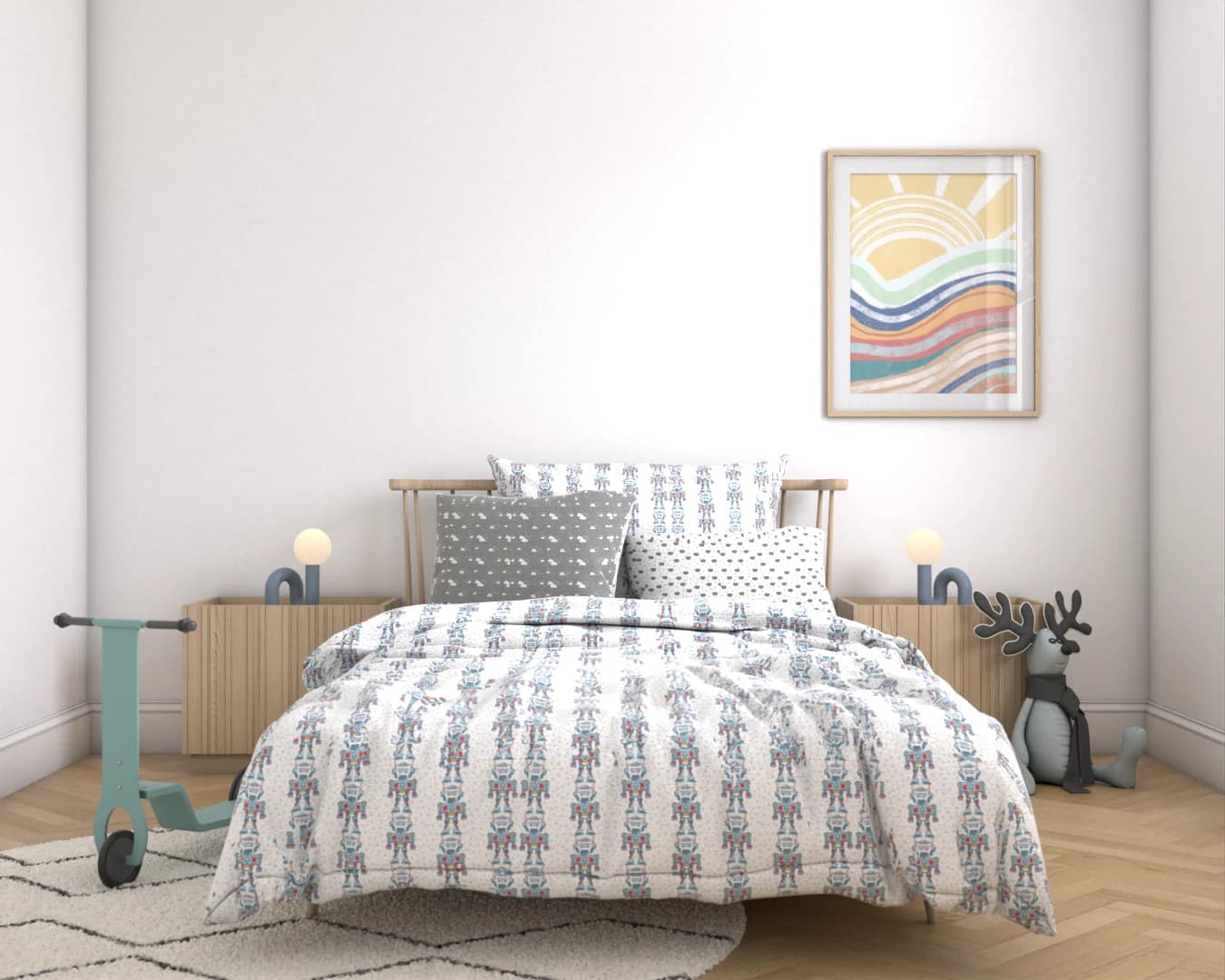 Kids bedroom with cactus-print bedding, sunrise art, wooden scooter, and toy deer on oak floors