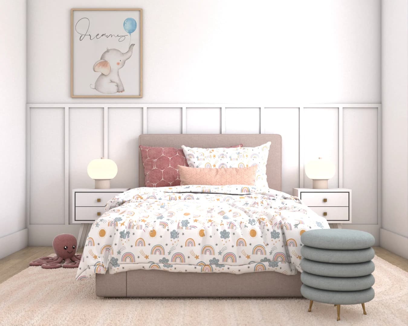 Kids bedroom with white board and batten wall, rainbow quilt, elephant art, twin ceramic lamps, and sage tufted pouf