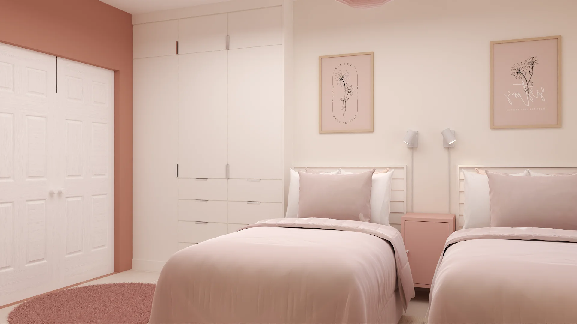Shared girls bedroom with two blush twin beds, white wardrobe, botanical prints, and dusty rose nightstand