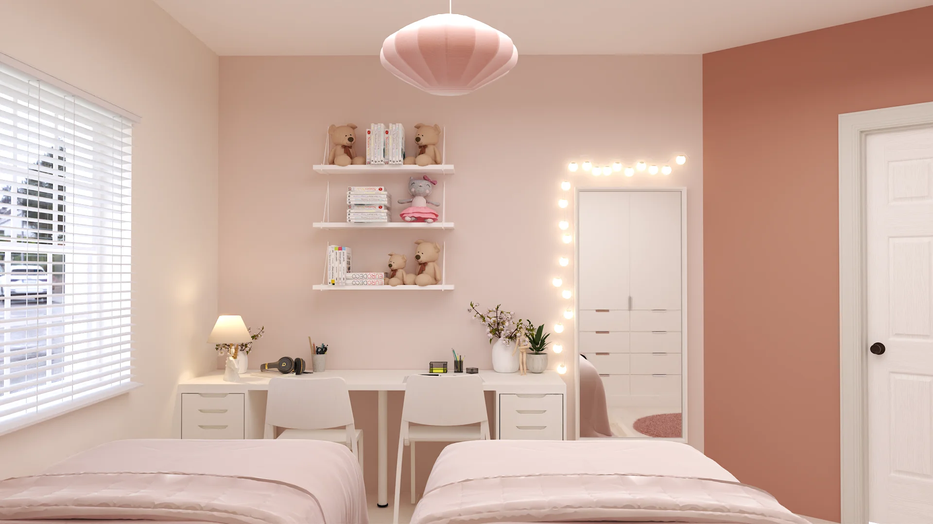 Shared girls bedroom with two pink twin beds, double white desk, floating shelves, Hollywood vanity, and scalloped pendant