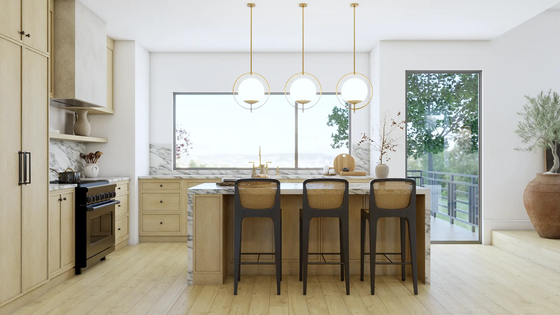 Modern open concept kitchen with minimalist furniture and wooden accents, seamlessly integrating with the living space. Designed by Debora, an online interior design service based in New York.