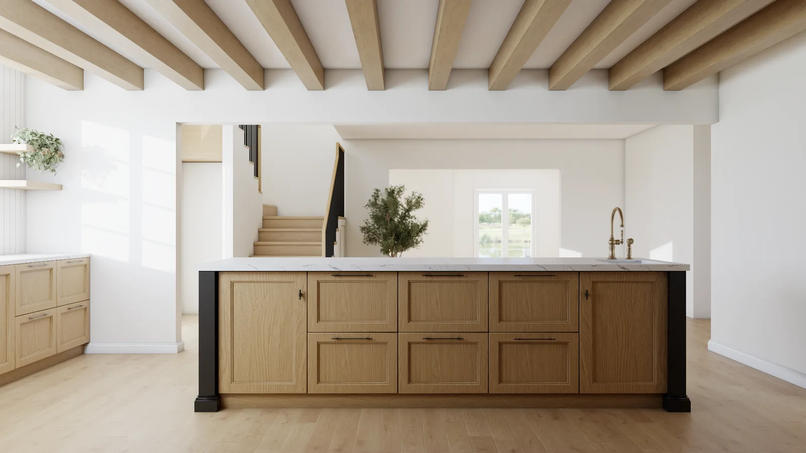 Custom kitchen cabinetry with oak shaker cabinets and black island