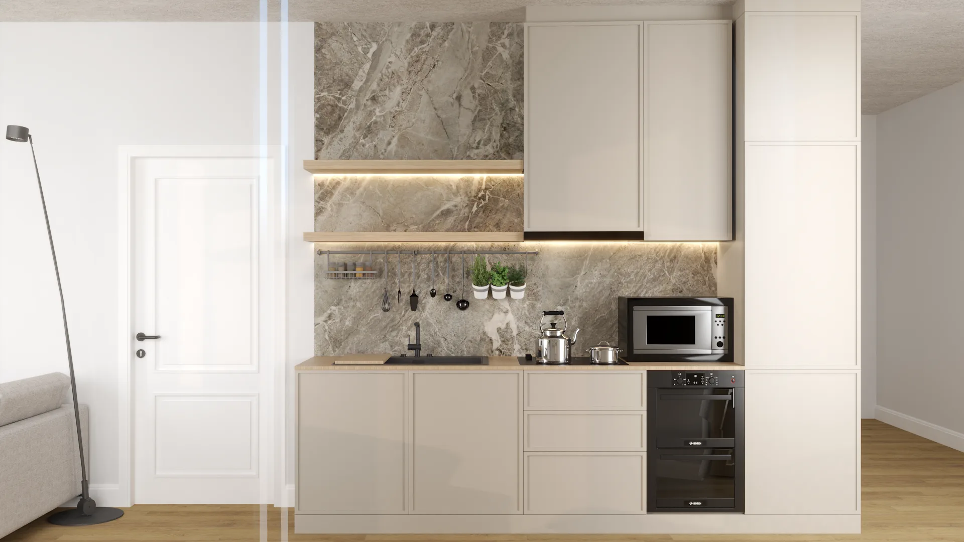 Compact single-wall kitchen with full-height grey-taupe marble backsplash, cream flat cabinetry, oak floating shelves with warm LED strip lighting, and black appliances