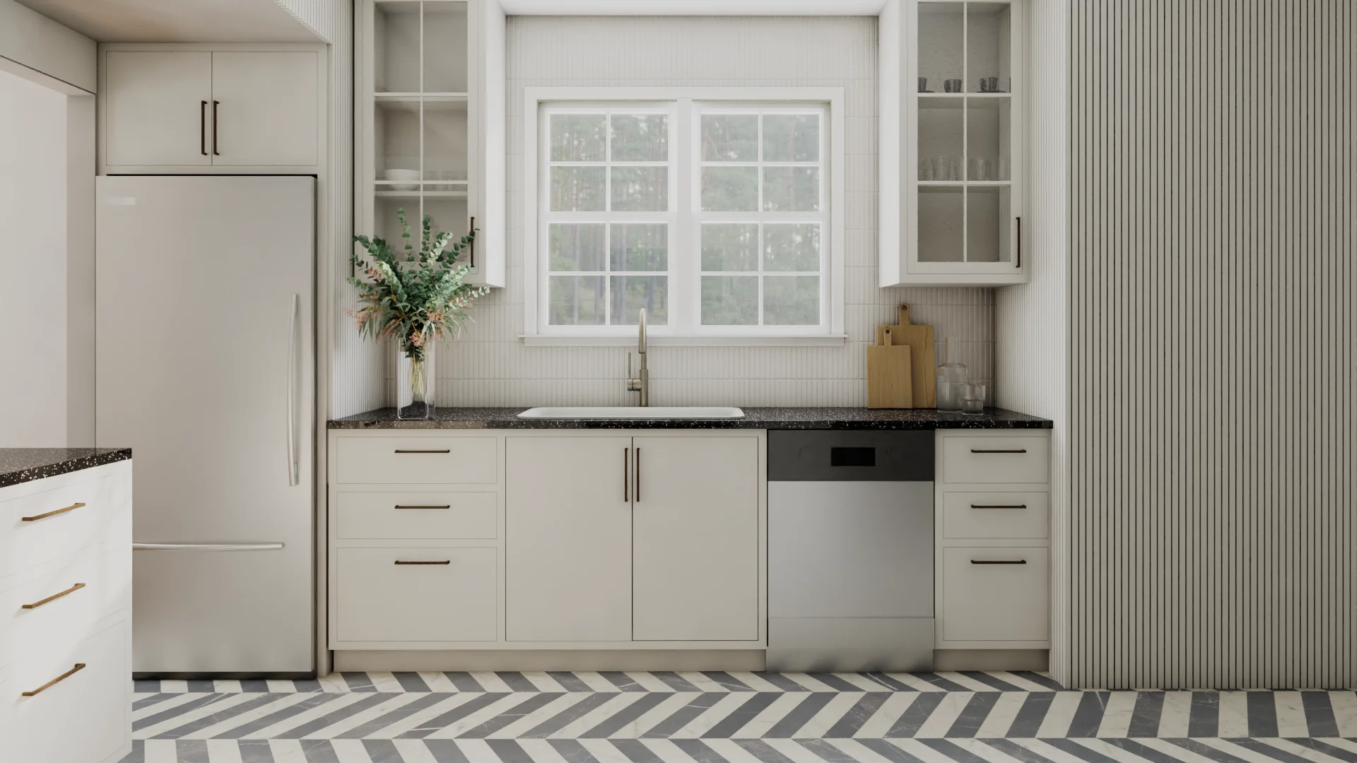 Modern farmhouse kitchen with cream shaker cabinets, black counter, brass hardware, and herringbone floor.