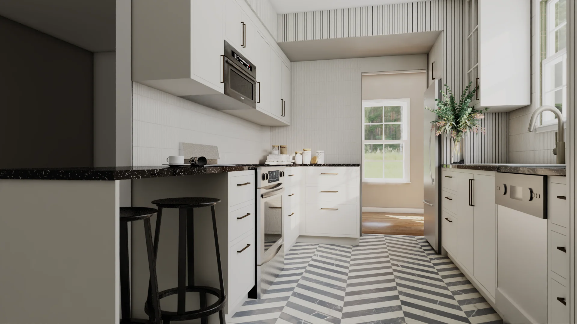Galley view of cream shaker kitchen with island, gray reeded wall panel, and herringbone tile floor.