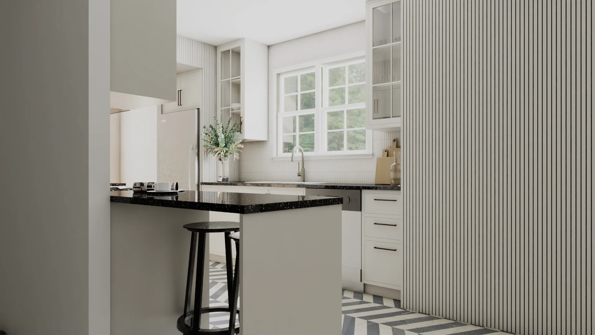 Cream shaker kitchen island with brass pulls, glass-front uppers, and herringbone tile floor.