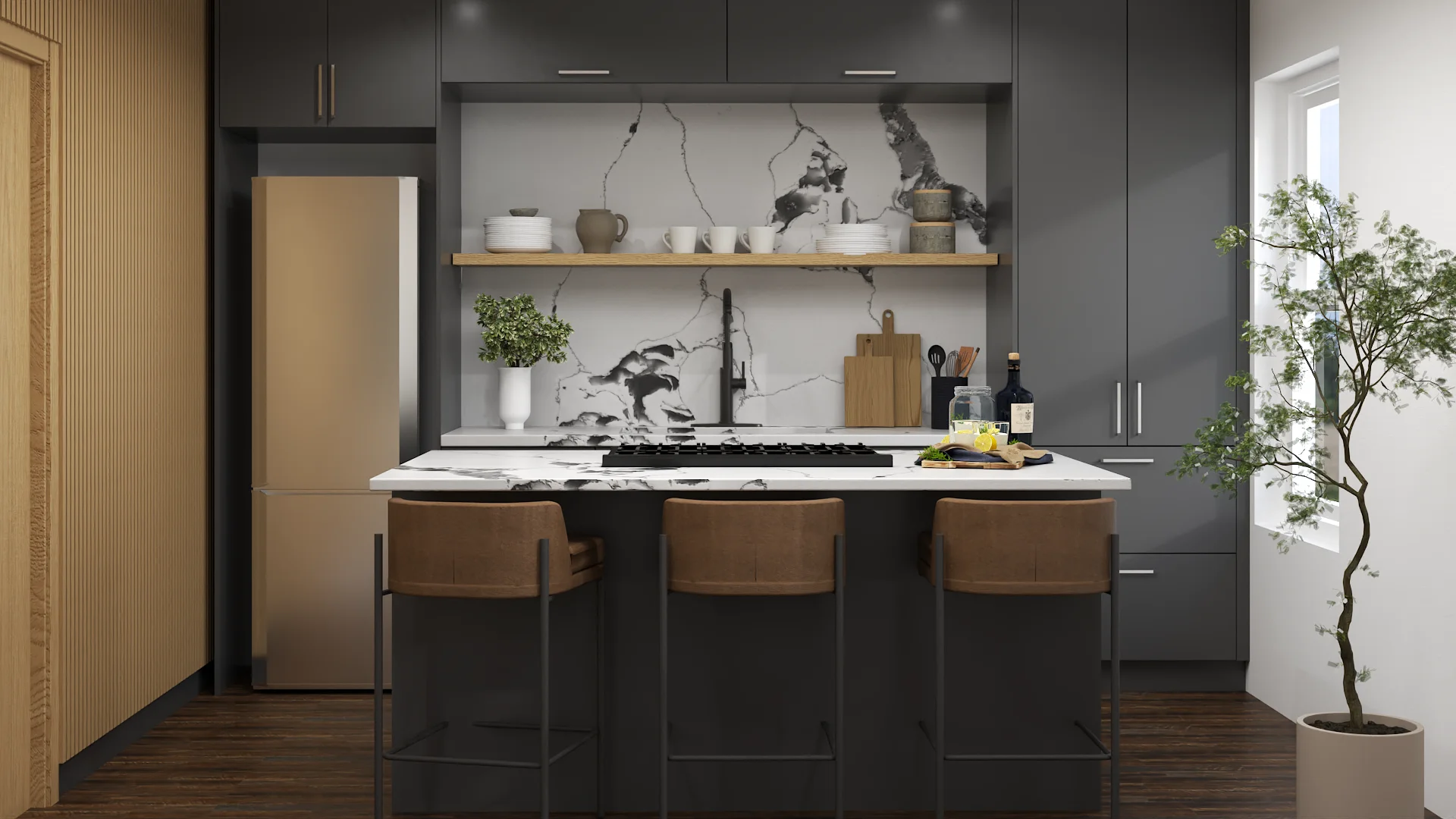 Organic modern kitchen with dark gray flat-panel cabinets, black-and-white marble backsplash, and oak slat wall.