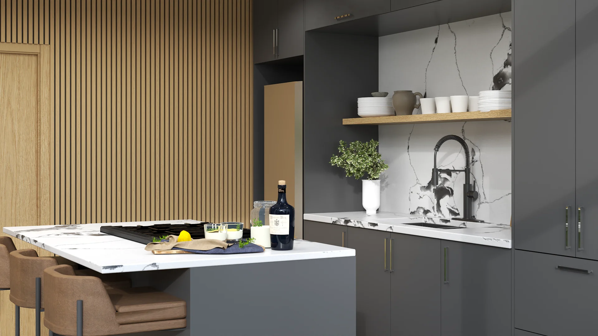 Marble-topped island from the side with oak slat accent wall and dark charcoal kitchen cabinets.