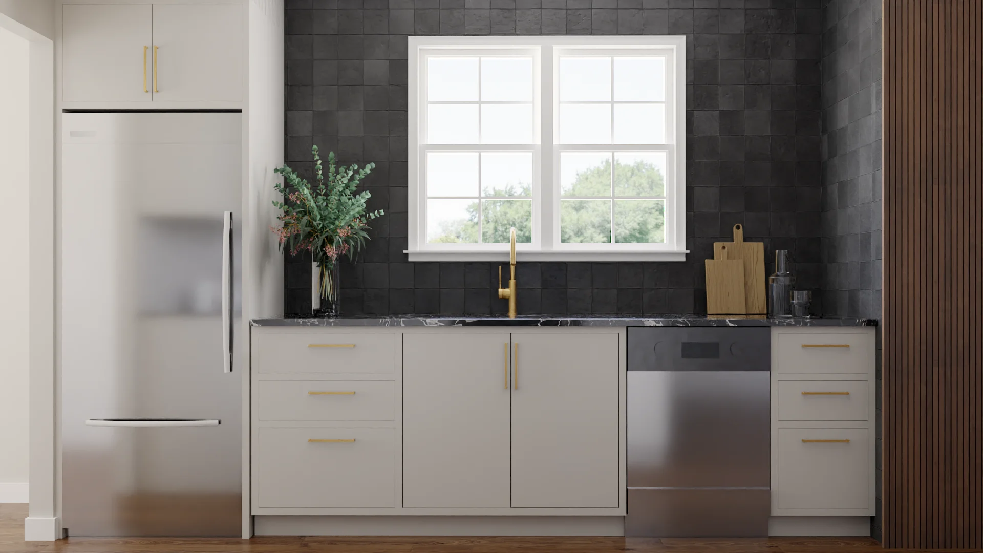 White shaker kitchen with dark zellige tile backsplash, brass hardware, and walnut wood slat accent wall.