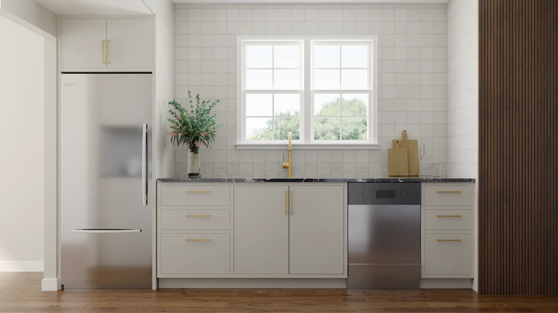 White shaker kitchen with white grid tile backsplash and dark walnut vertical slat accent wall.