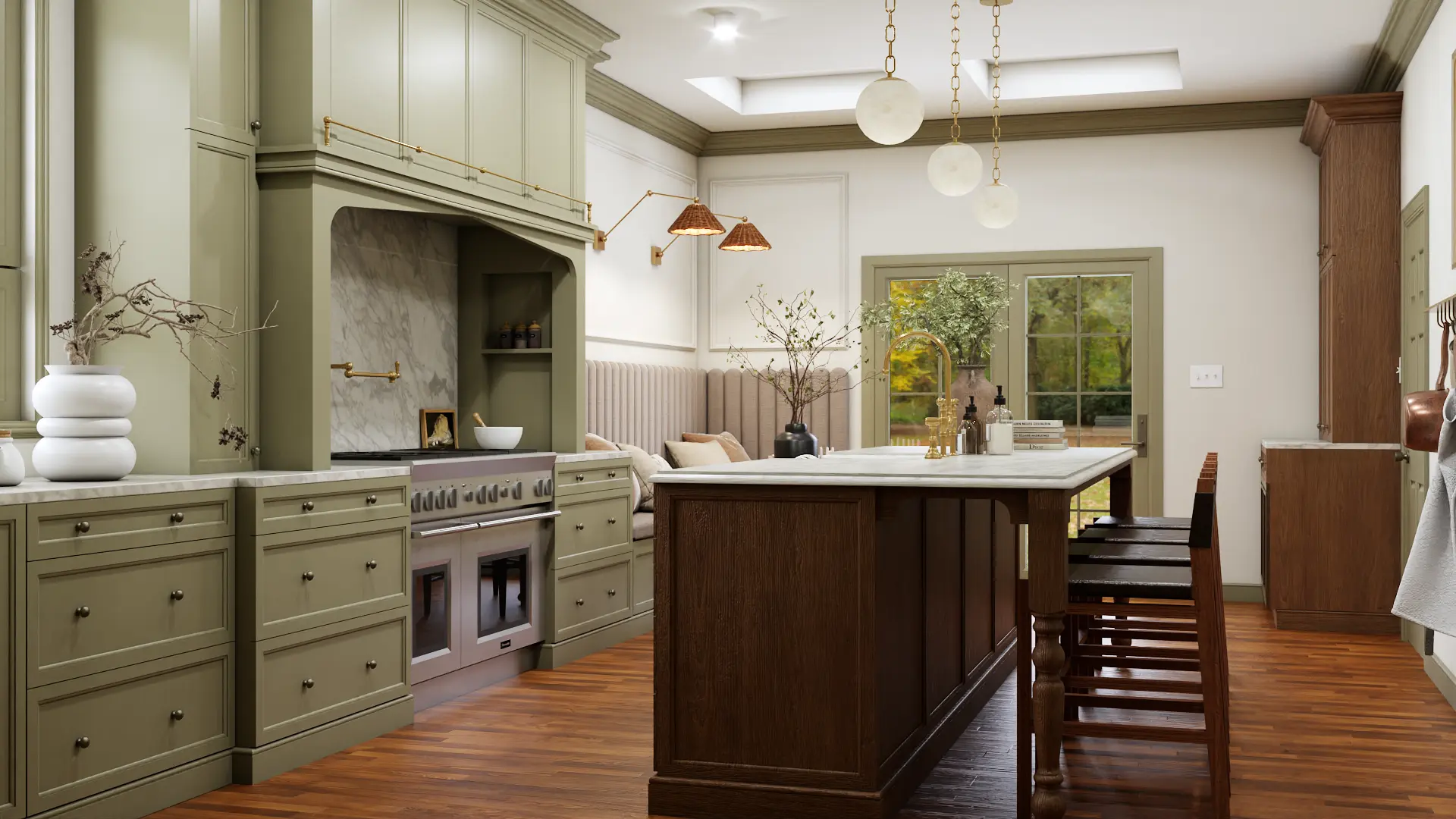 Elegant living room within a modern kitchen featuring neutral tones and stylish furniture, creating a serene atmosphere. Designed by Debora, based in New York.