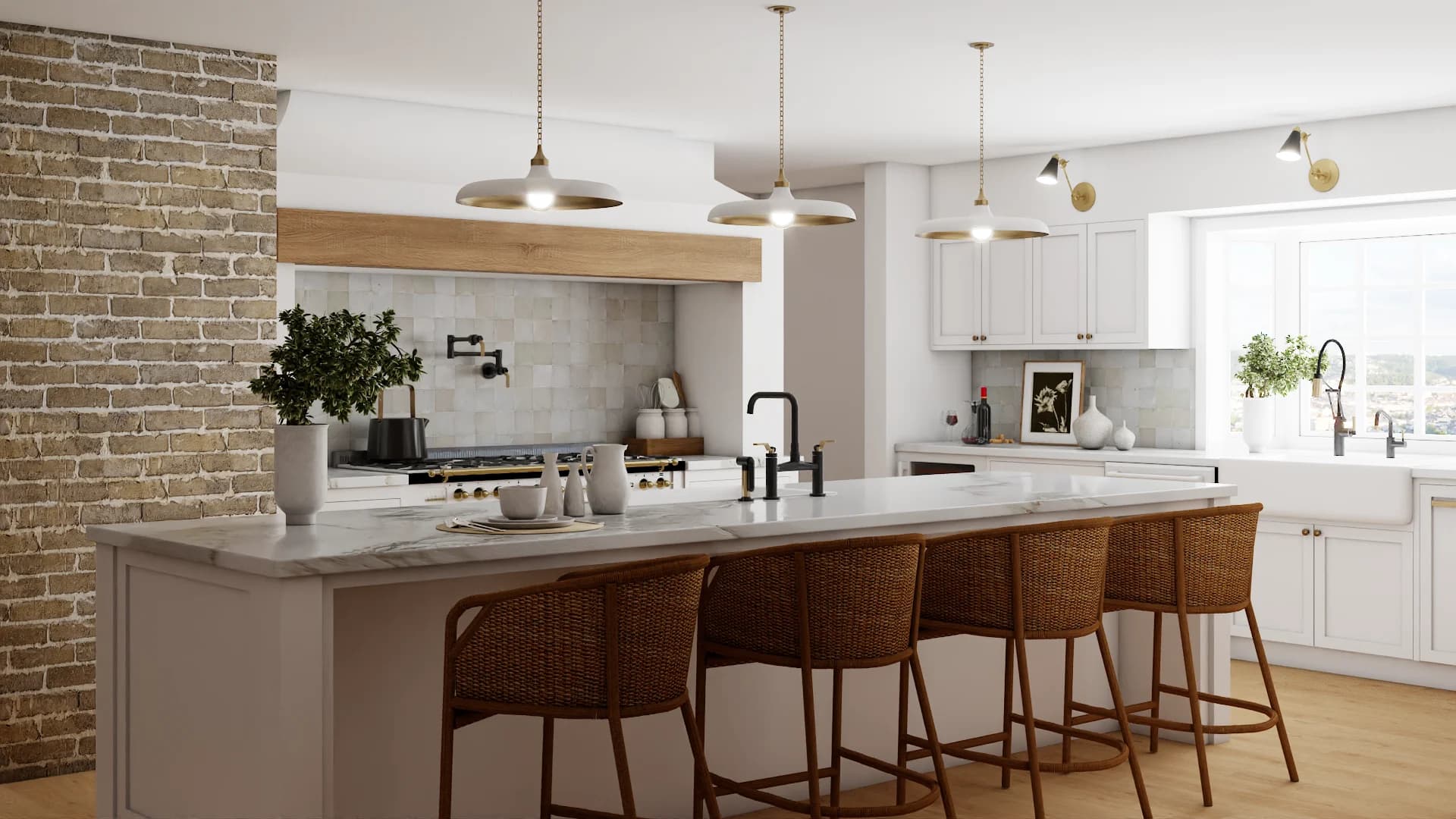 Organic modern kitchen with exposed brick, shaker cabinets, marble island, rattan stools, brass disc pendants
