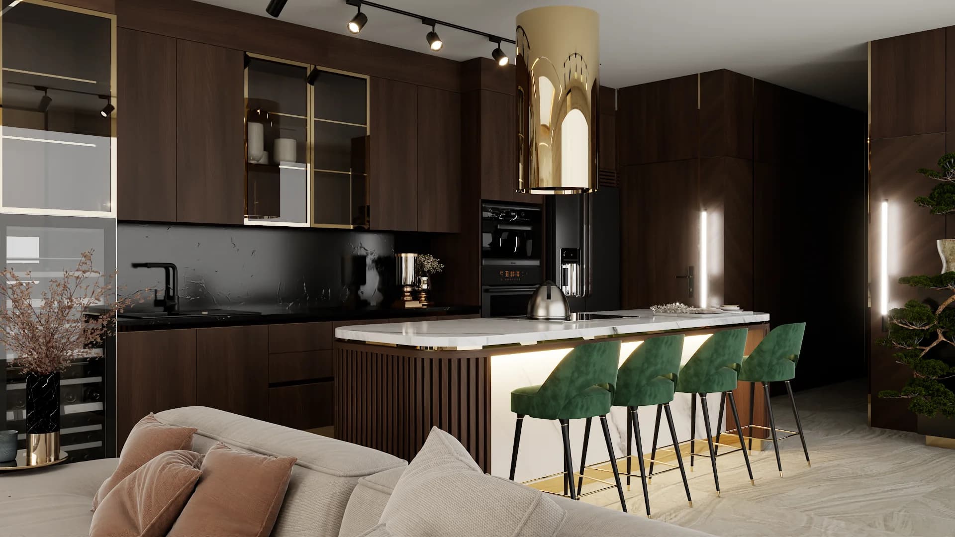 Dark walnut kitchen with fluted island base, white marble top, green velvet bar stools, and gold arched pendant light.