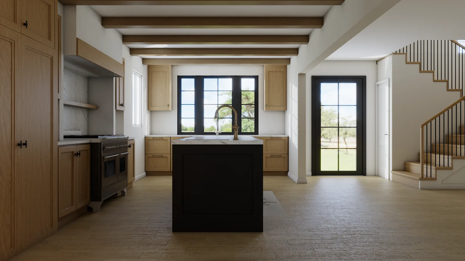 Full kitchen with beam ceiling, pantry cabinet, and oak cabinetry