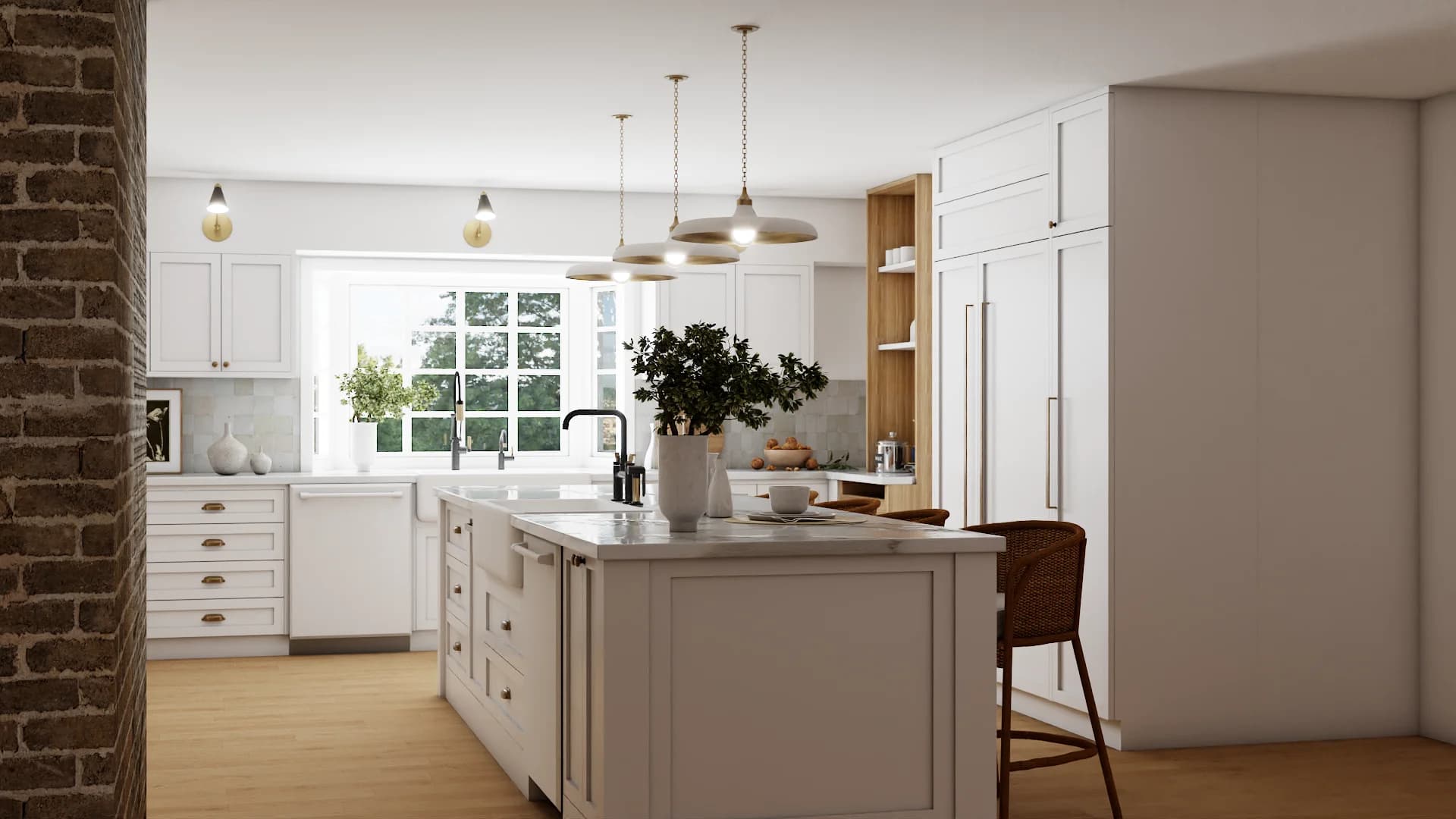 Kitchen from island end showing brick column, tall white shaker cabinets