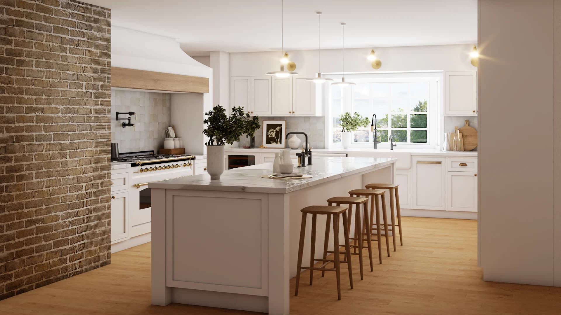 Kitchen island with oak round-seat stools, exposed brick wall, and brass globe pendants