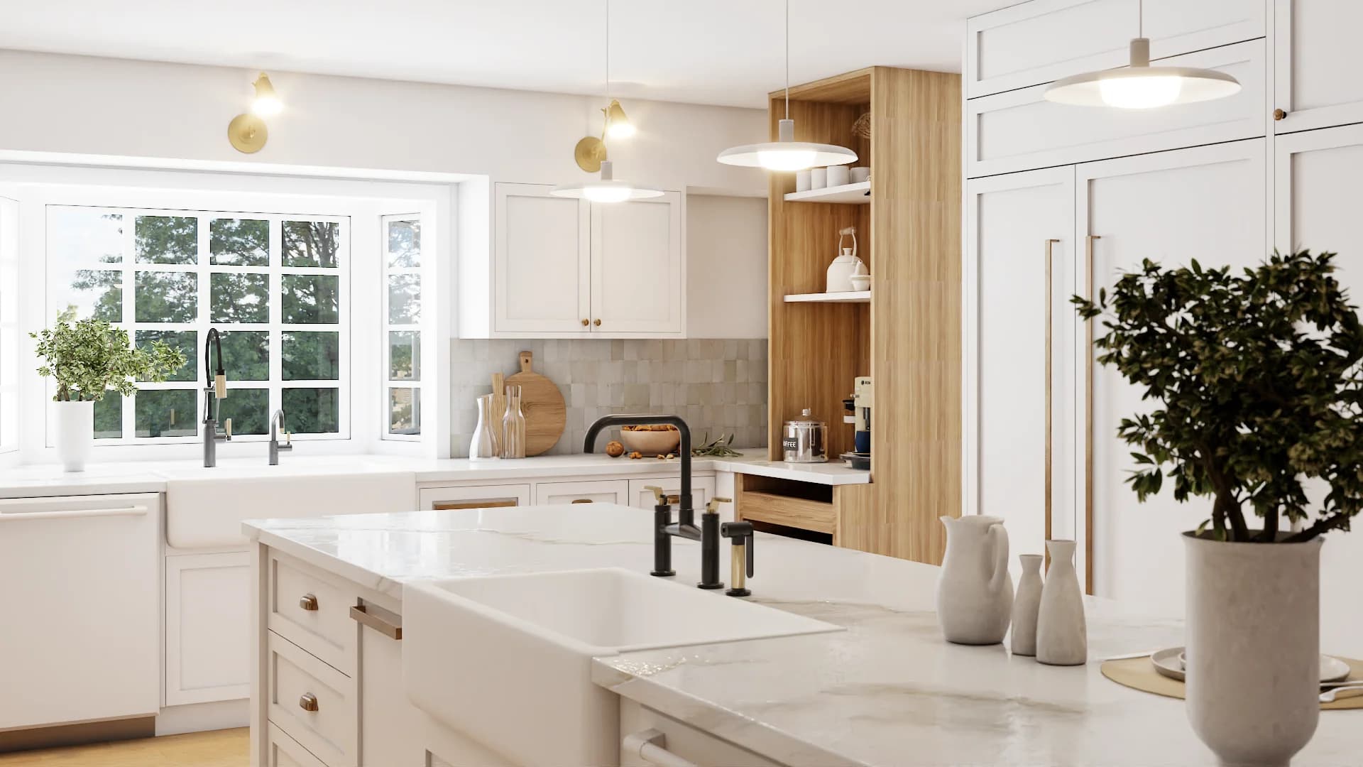 Island sink with black matte faucet, oak open shelving unit, and garden window