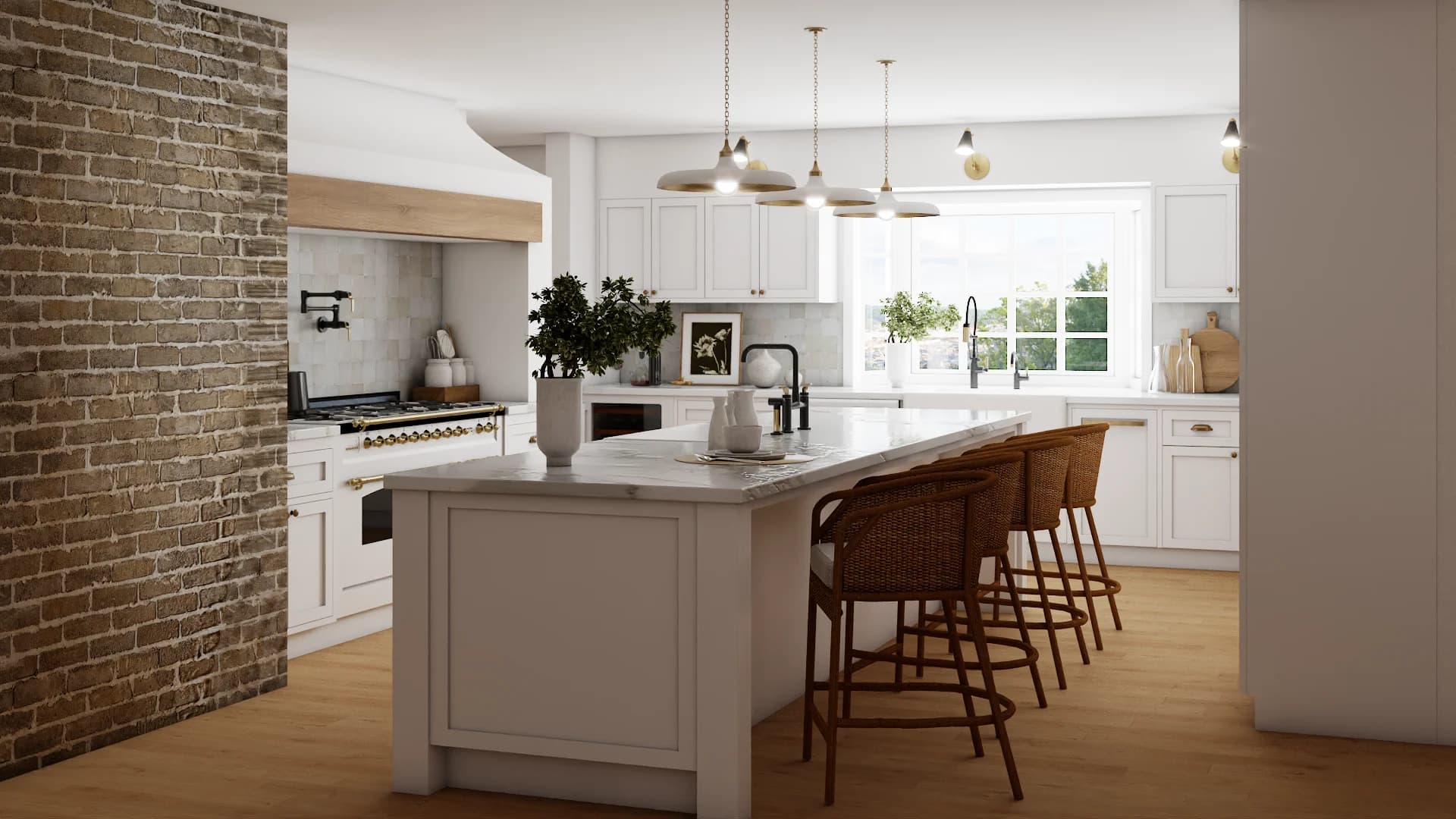 Full kitchen island with wicker stools, brick accent wall, and brass pendants