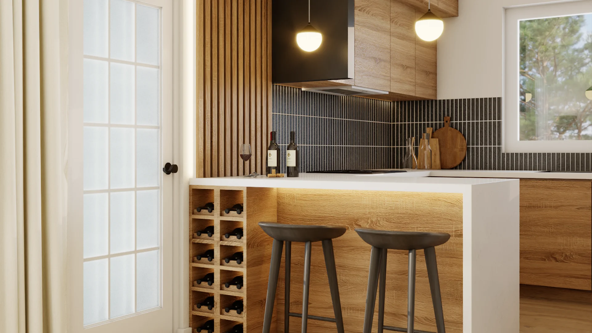Kitchen peninsula with waterfall edge, built-in wine rack column, and vertical black slat tile backsplash.