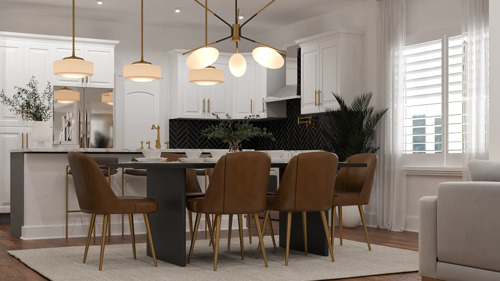 White kitchen with brass chandelier, cognac leather chairs, and black herringbone backsplash