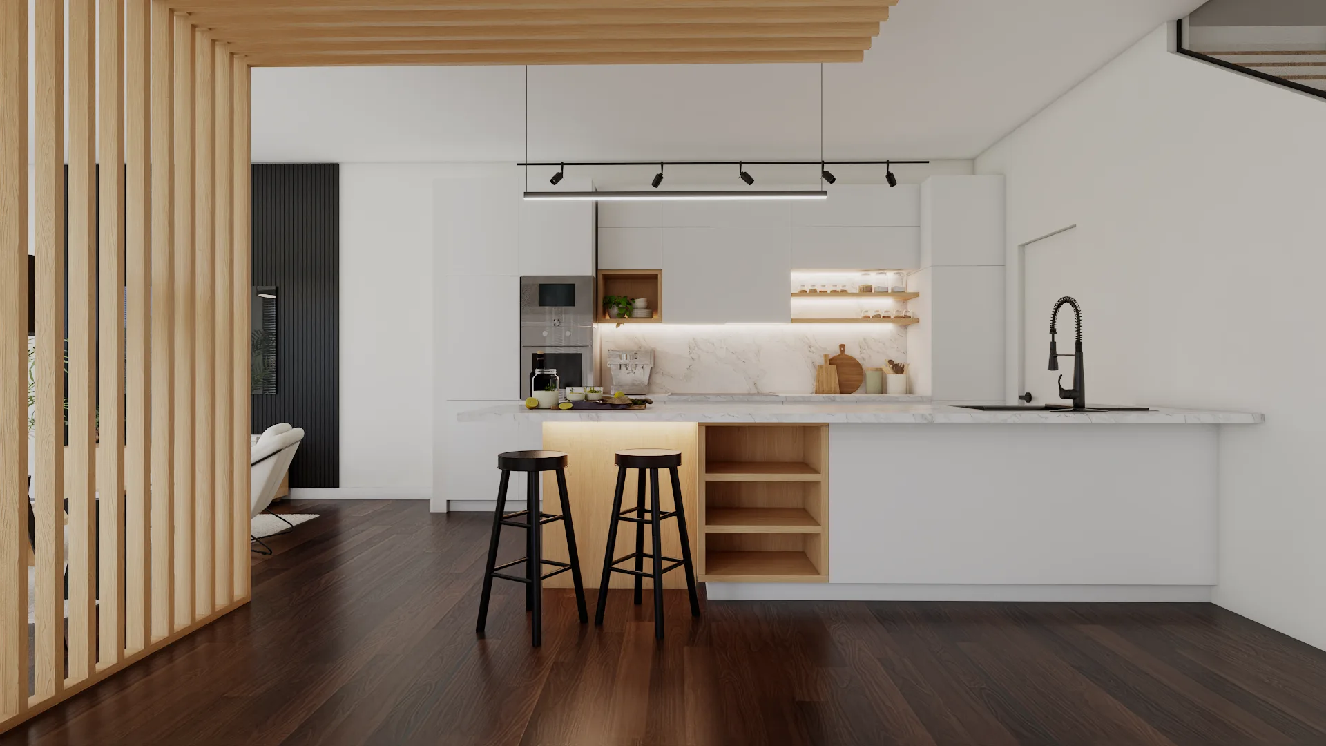 White flat-panel kitchen with marble countertops, oak island with two black bar stools, black track lighting, and oak sl
