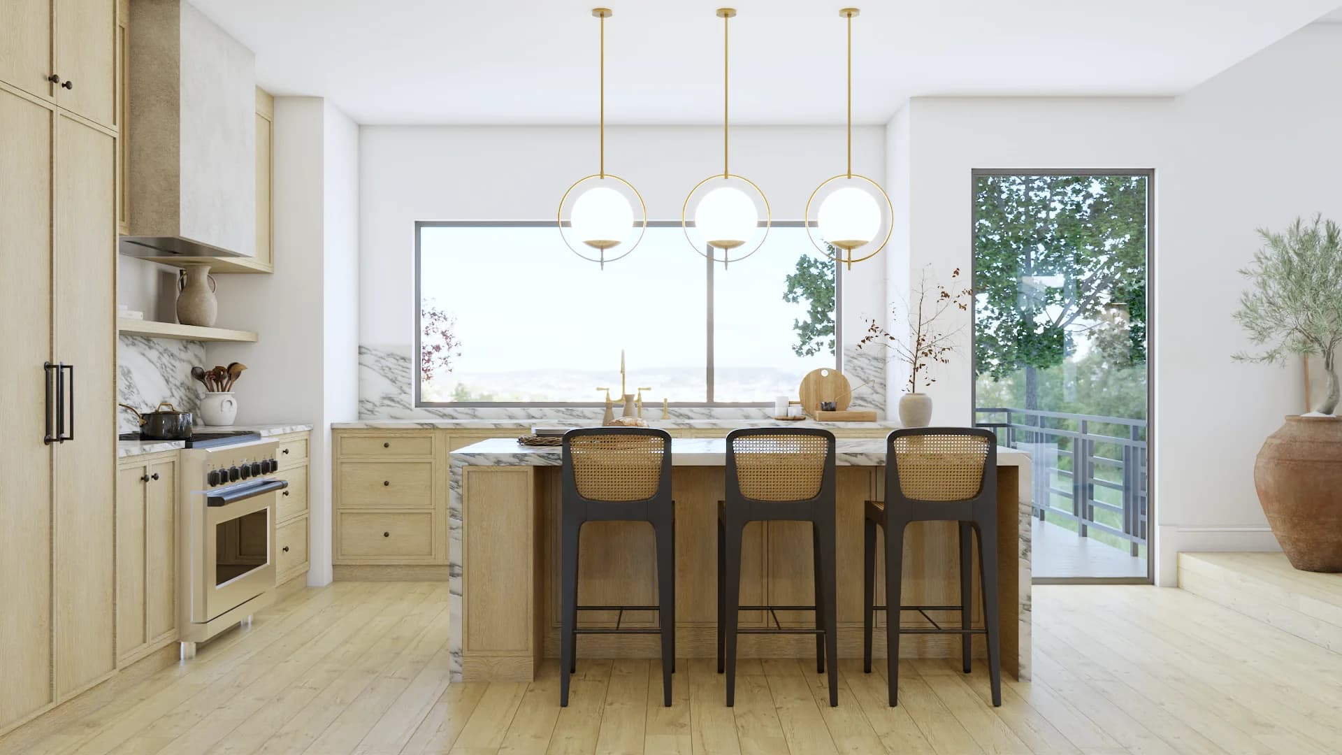 Natural wood kitchen with marble island, brass globe pendants, and black barstools