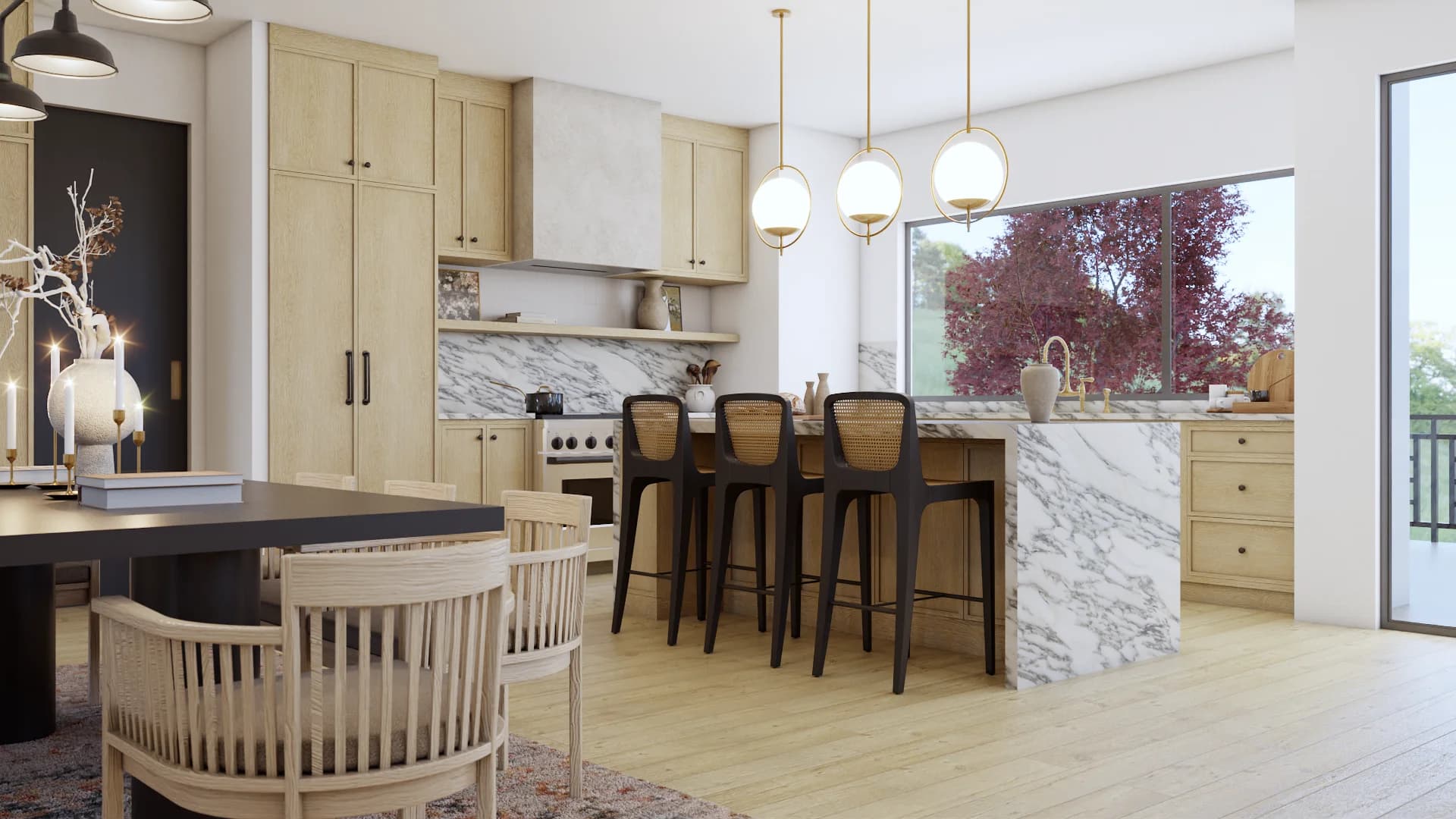 Open-plan kitchen with blonde wood cabinets, waterfall marble island, brass globe pendants, and rattan barstools