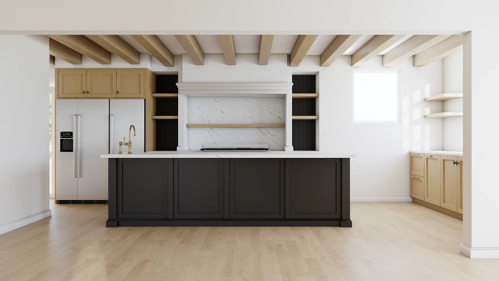 Kitchen with marble backsplash, black island, wood cabinets, and exposed beam ceiling