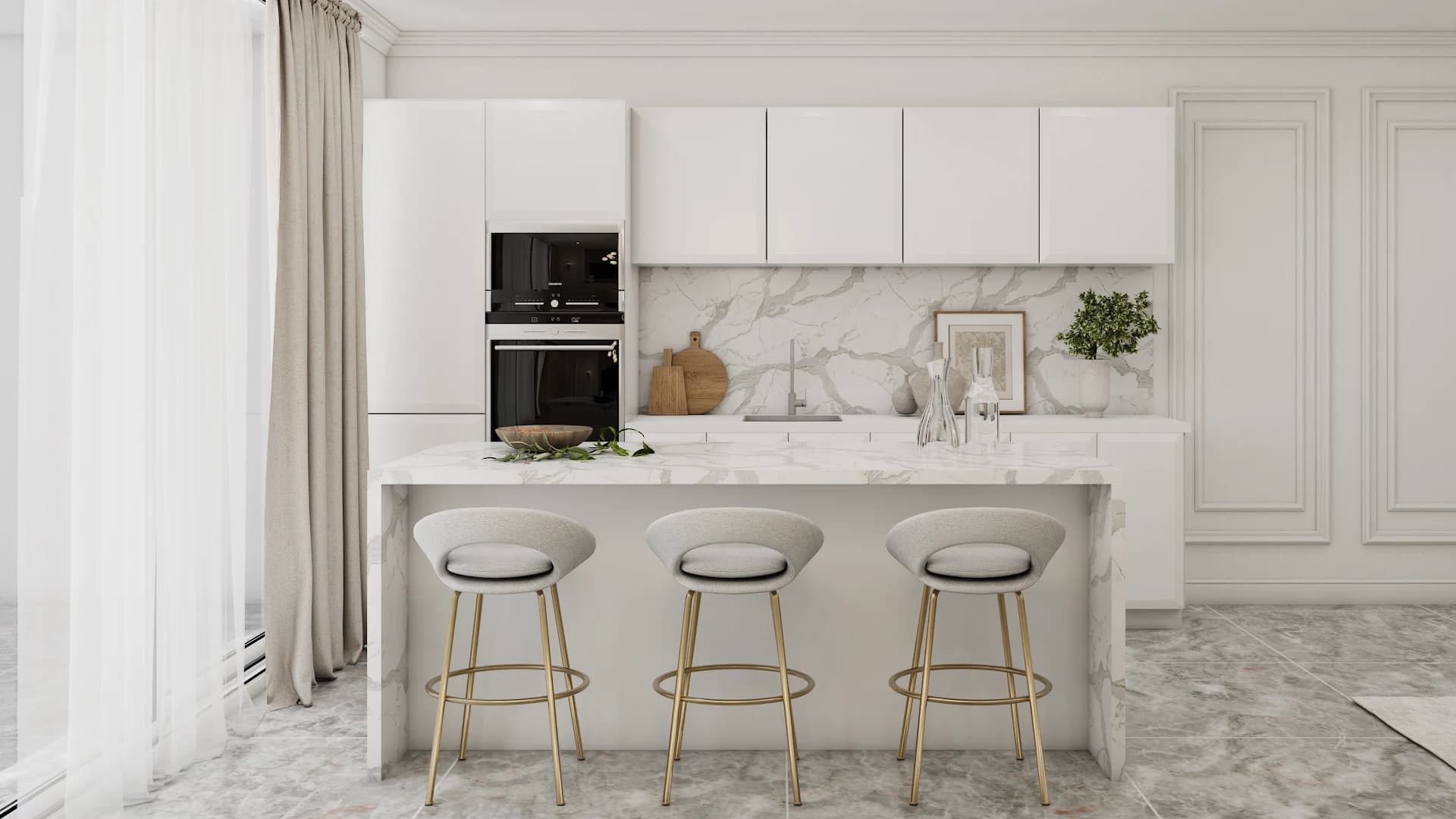 Modern white kitchen with handleless slab cabinets, marble waterfall island, and brass-leg counter stools.