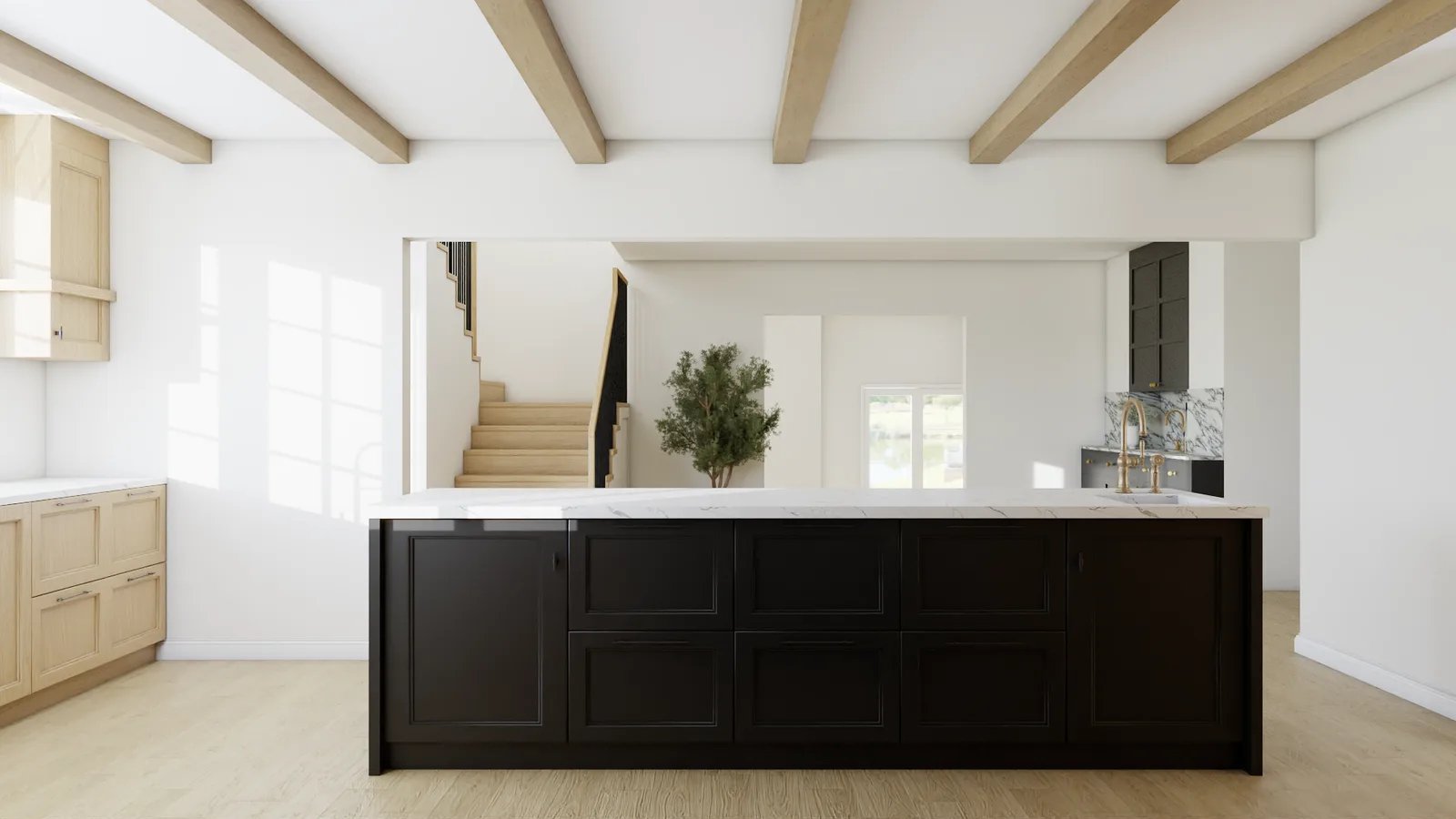 Minimalist wood upper cabinets with full-height pantry cabinet