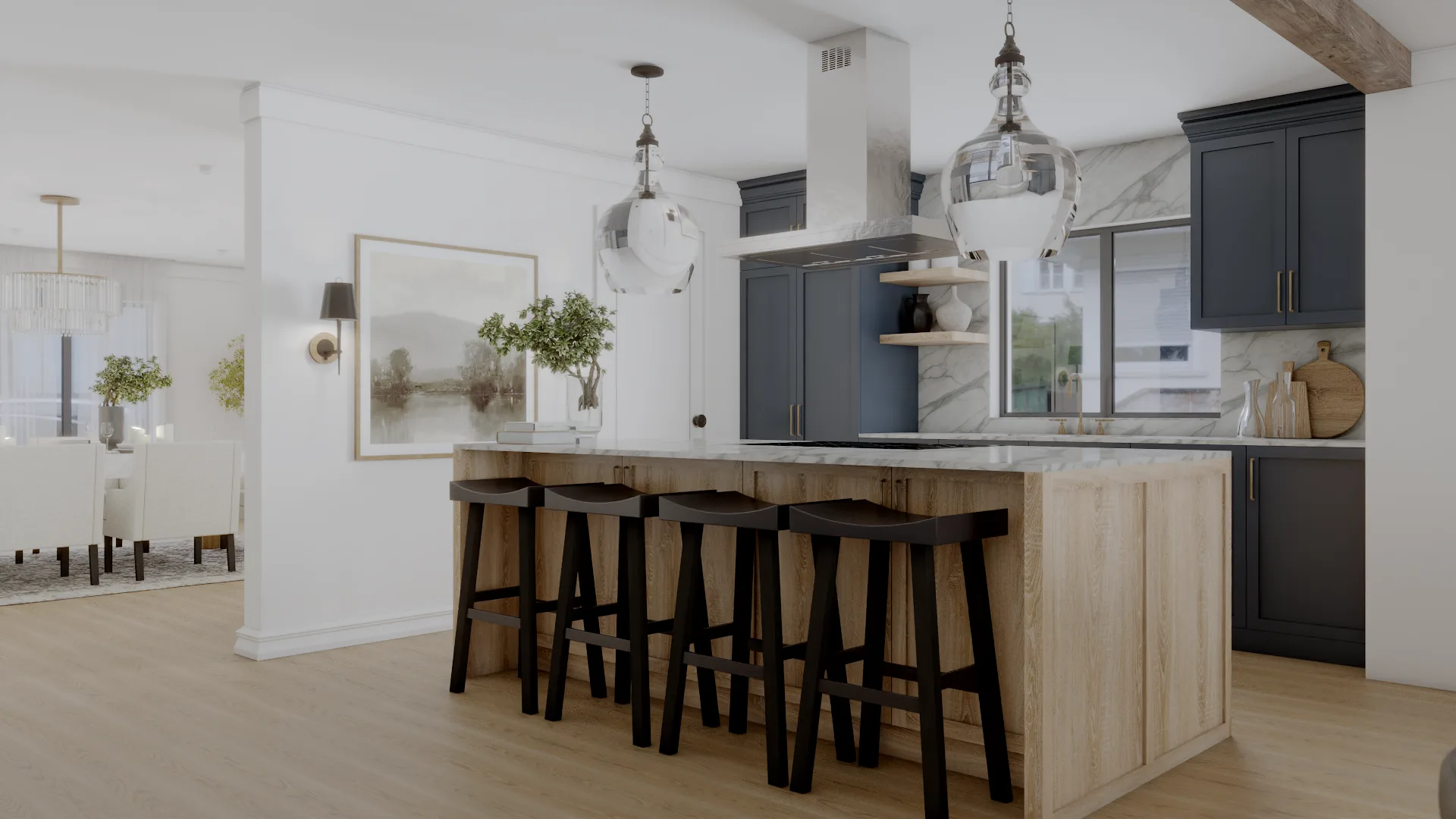 Navy shaker kitchen with oak island, four black bar stools, and glass globe pendants