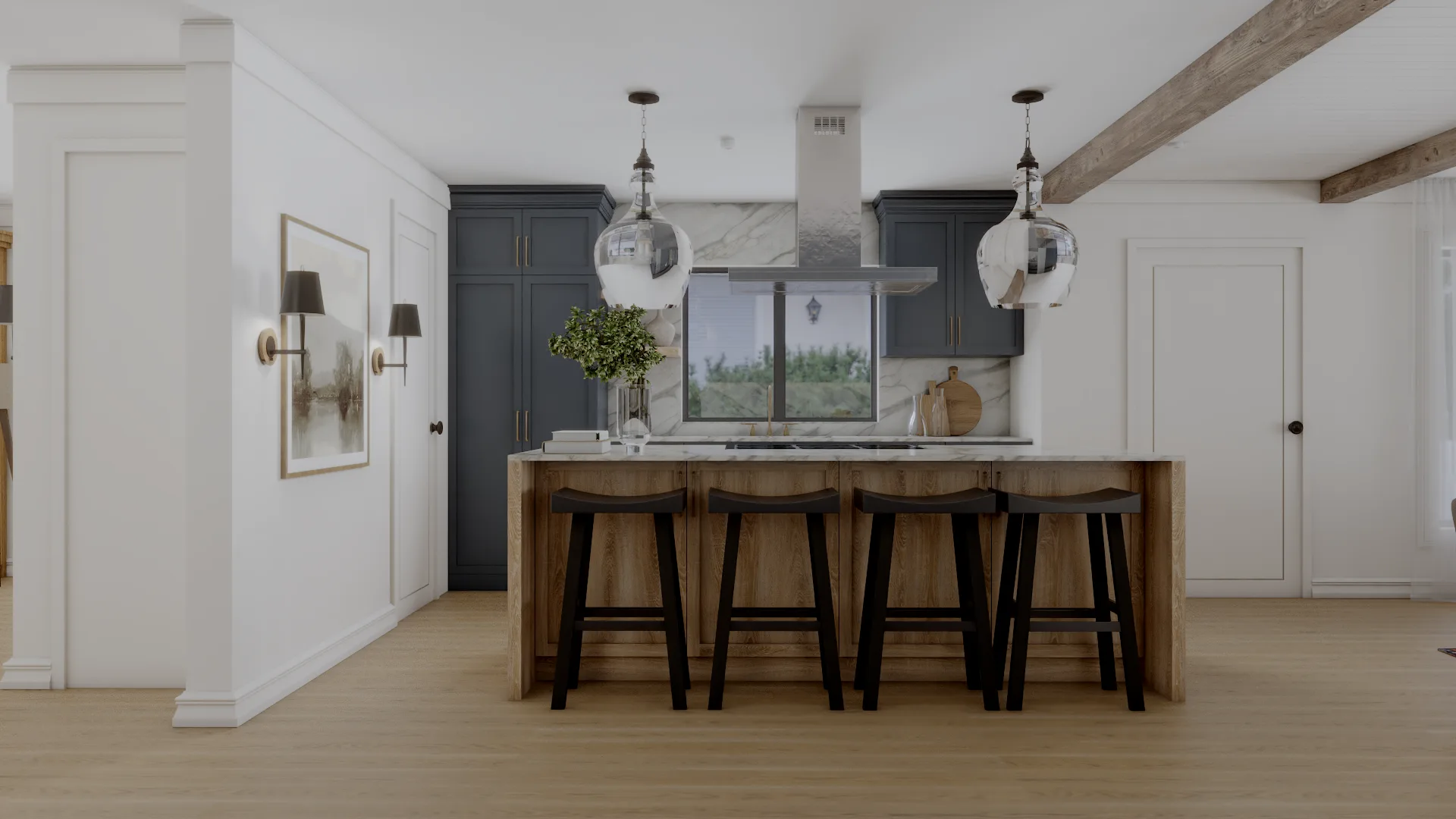 Kitchen with navy blue shaker cabinets, natural oak island, four black bar stools, and glass globe pendants