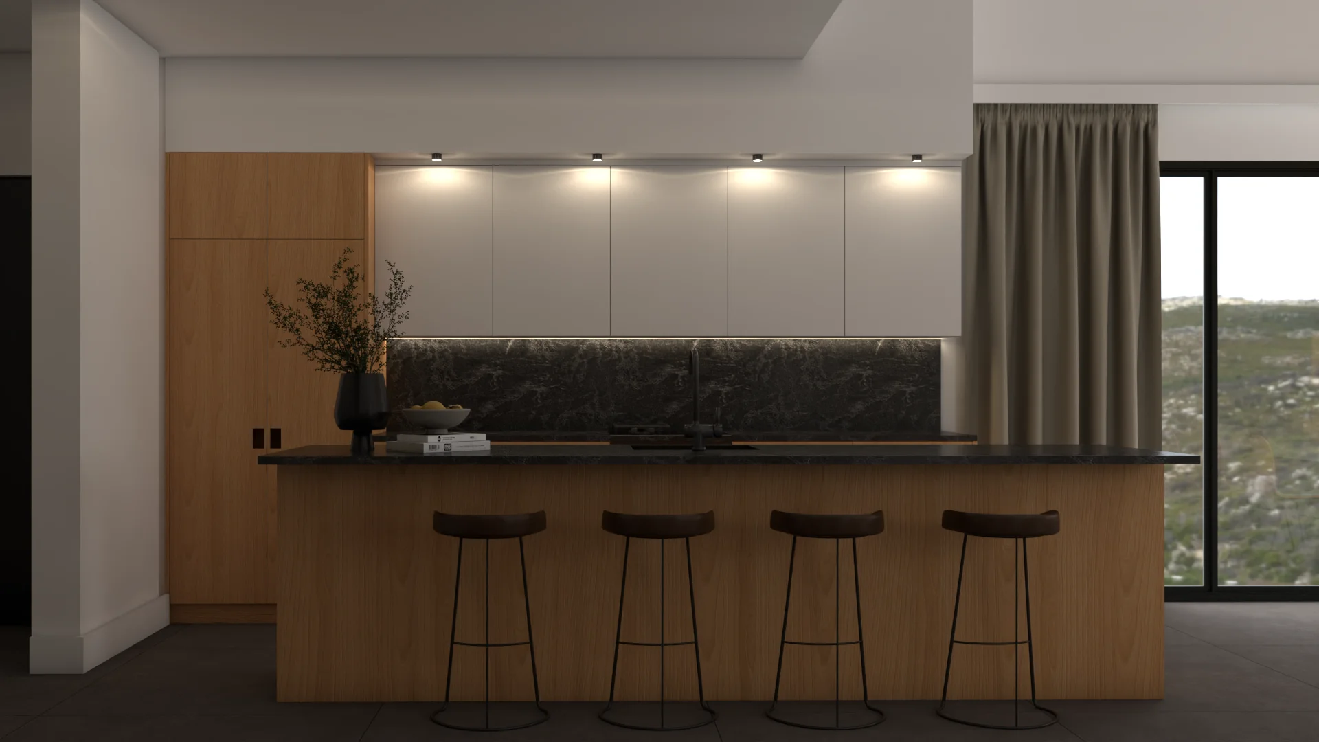 Japandi kitchen with light oak island, dark marble slab backsplash, leather barstools and mountain view window.