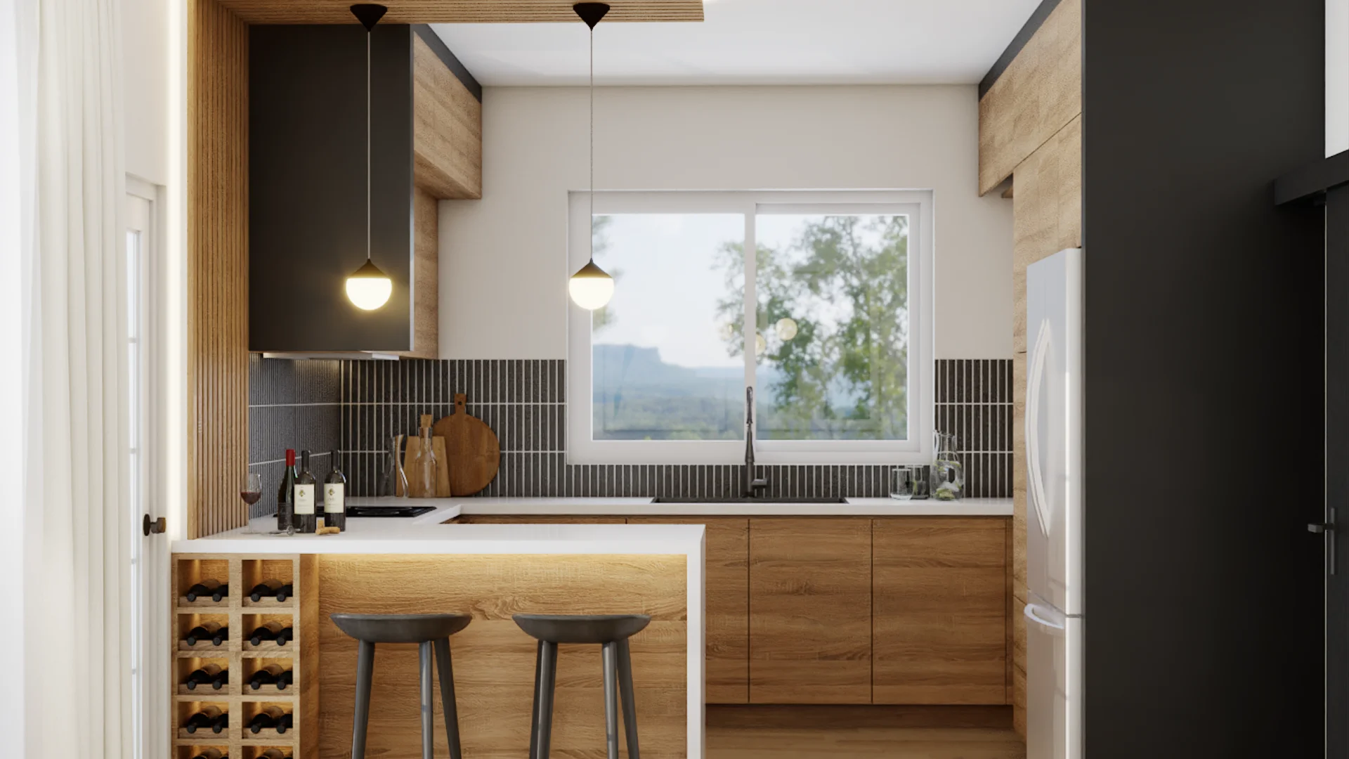 Scandinavian kitchen with oak flat-panel cabinets, matte black hood, vertical tile backsplash, and peninsula wine rack.