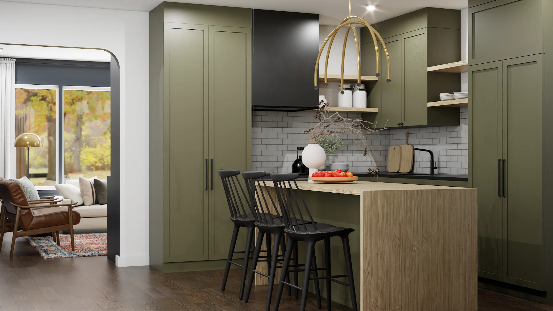 Olive kitchen with navy living room visible through black archway showing open-plan layout