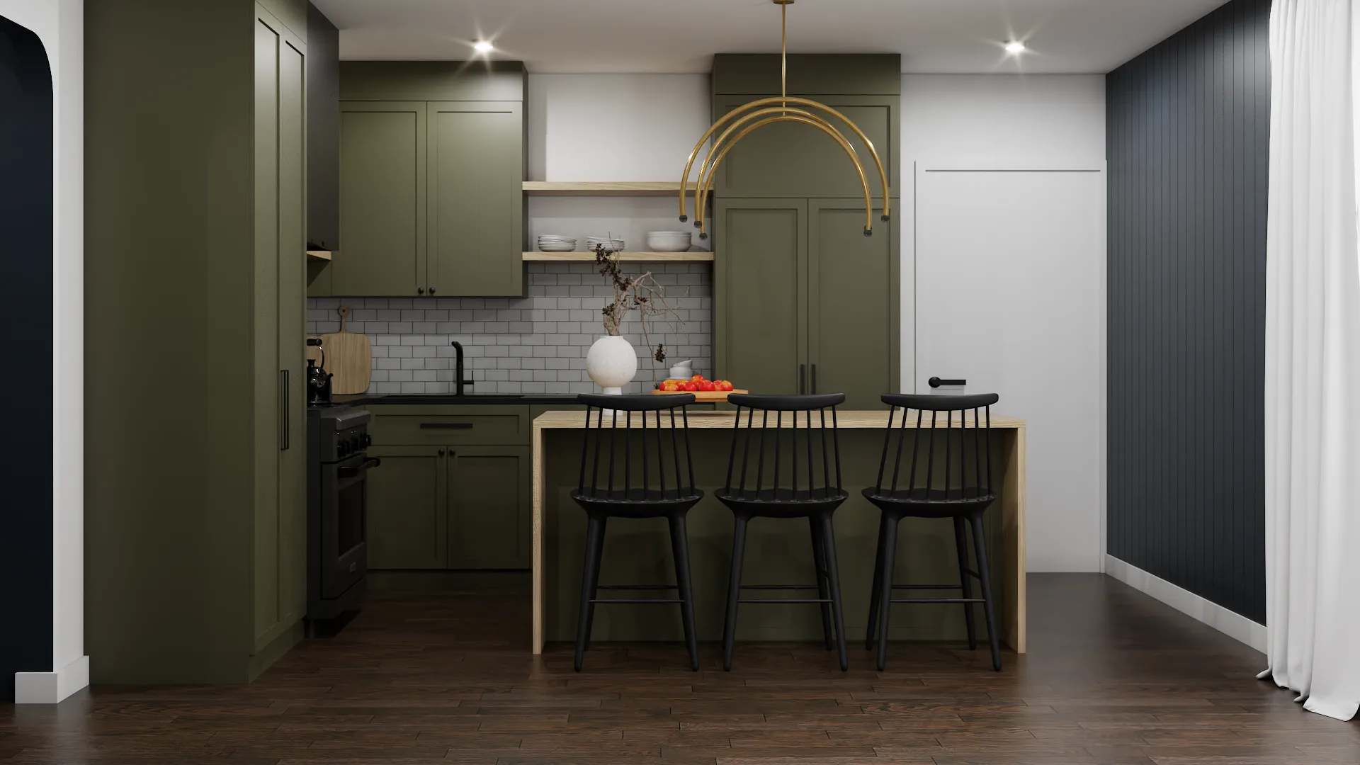 Kitchen with olive-green shaker cabinets, butcher block waterfall island, black Windsor bar stools, gold arch pendant, and white subway tile