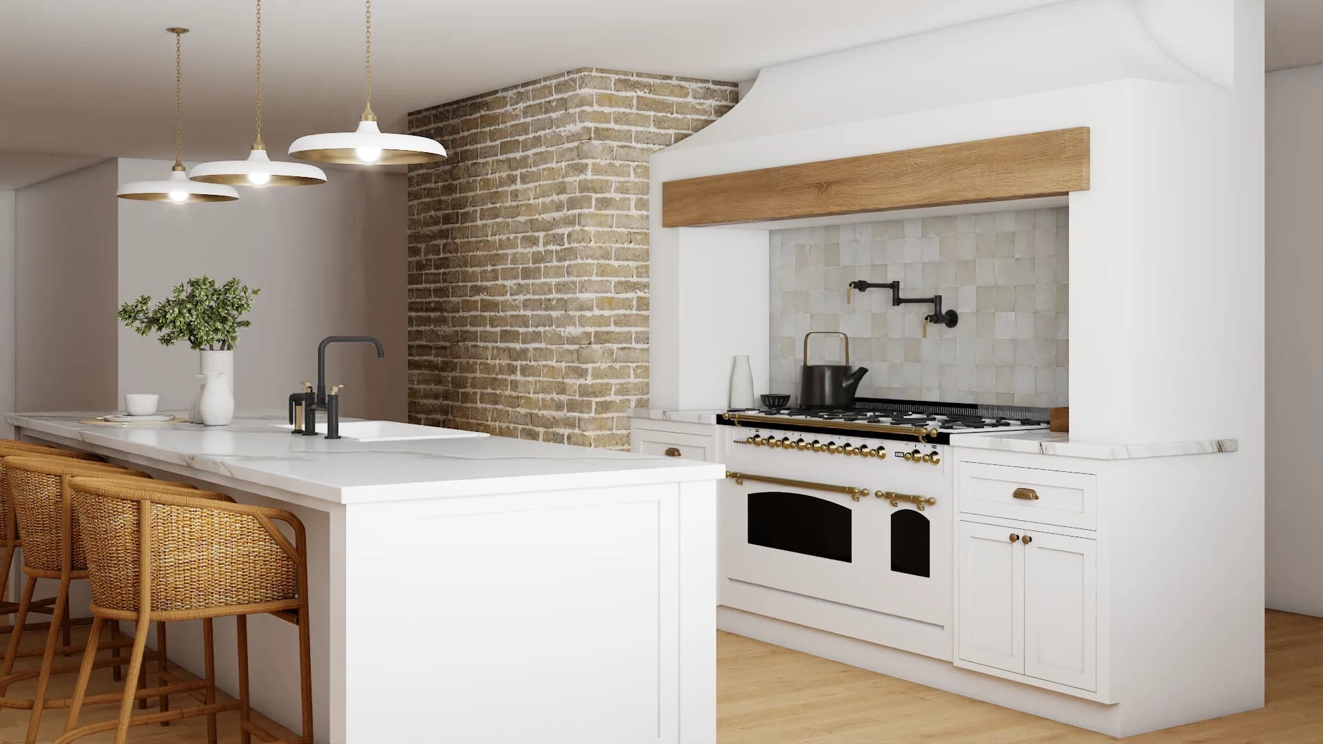 Range alcove with zellige tile backsplash, oak beam surround, and rattan stools