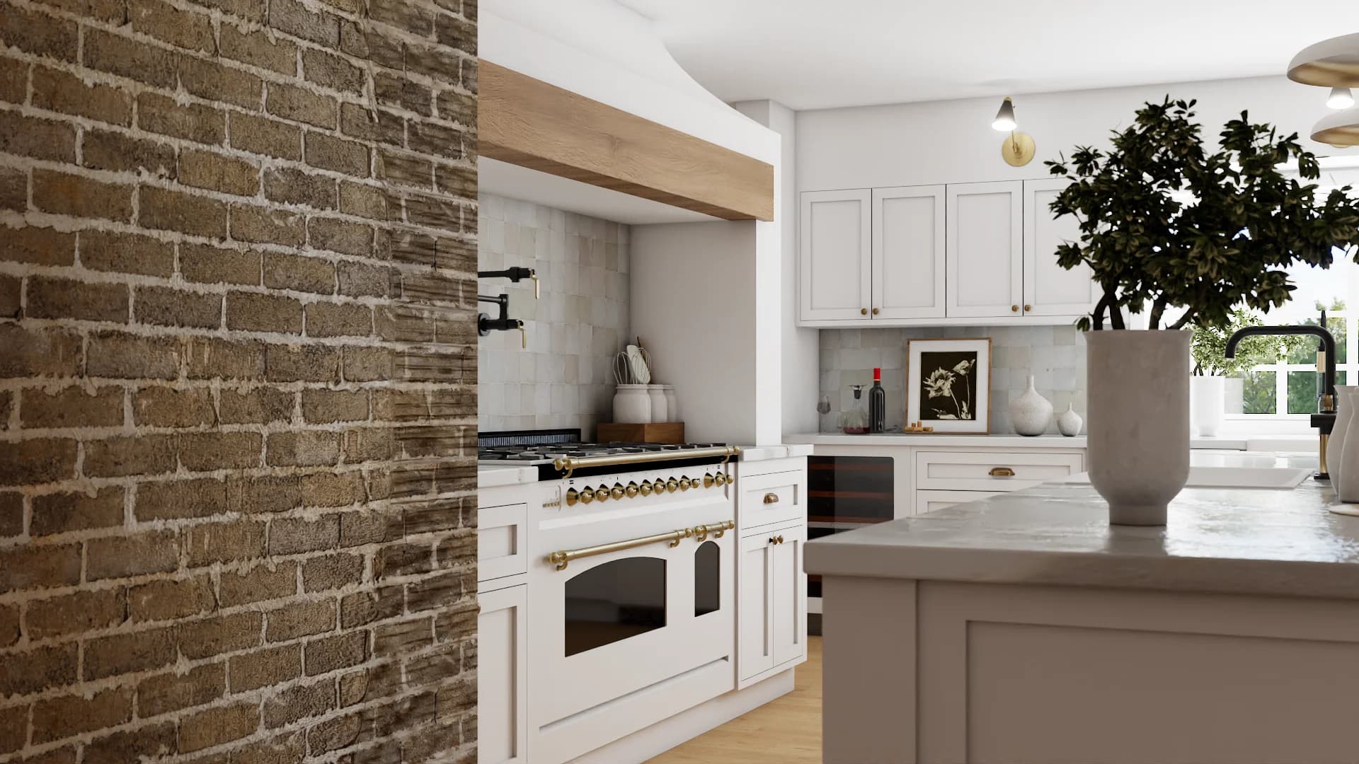 Cream range cooker with brass knobs in exposed brick alcove, marble counter edge