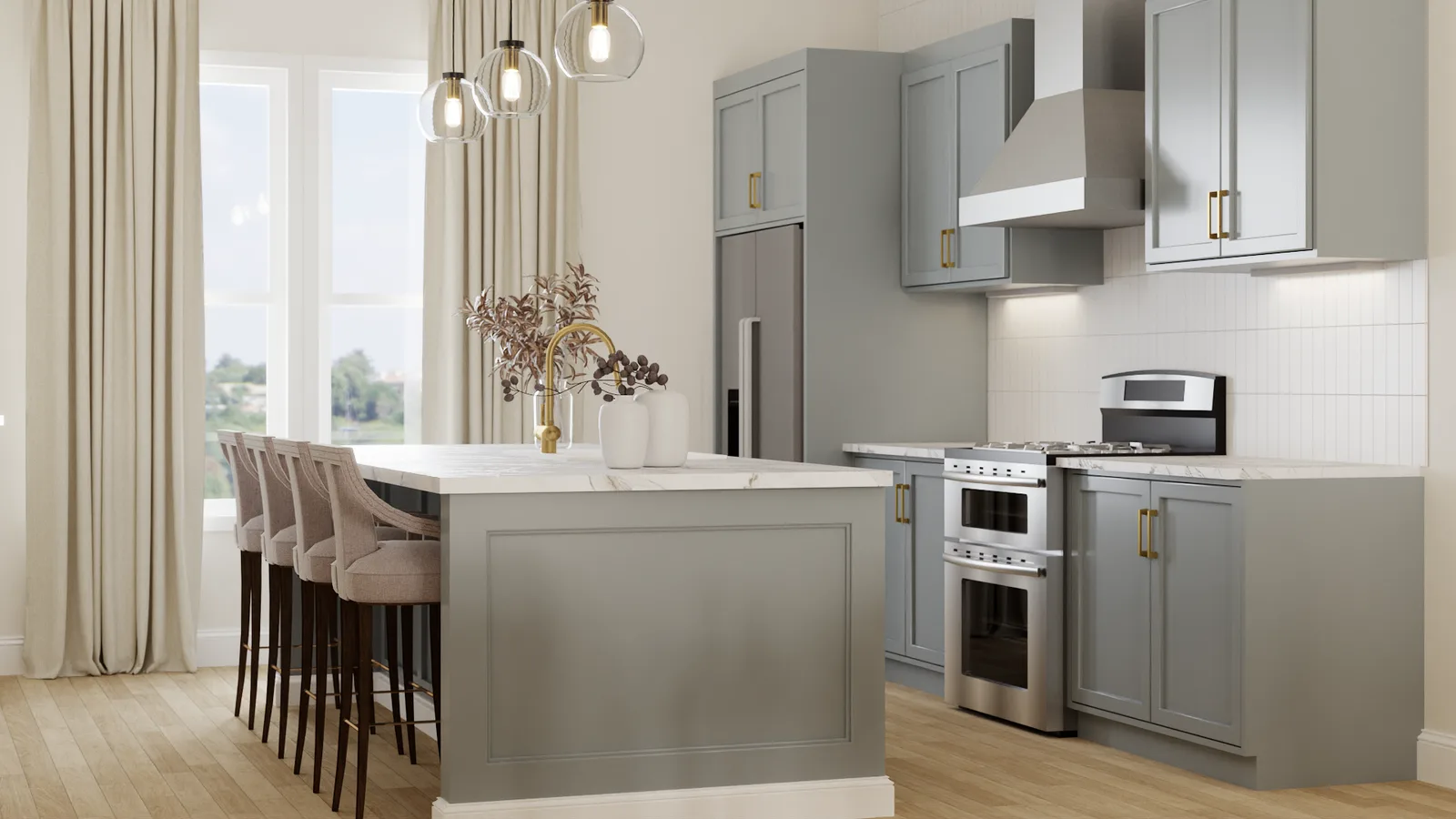 Transitional kitchen with sage-gray shaker cabinets, white marble island, brass hardware, glass globe pendants, and upholstered bar stools