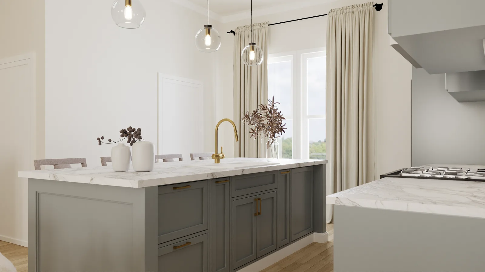 White marble island countertop with brass gooseneck faucet, gray veining, and glass globe pendants