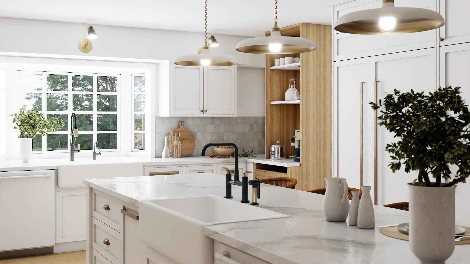 Farmhouse sink under garden window with brass dome pendants and oak shelving