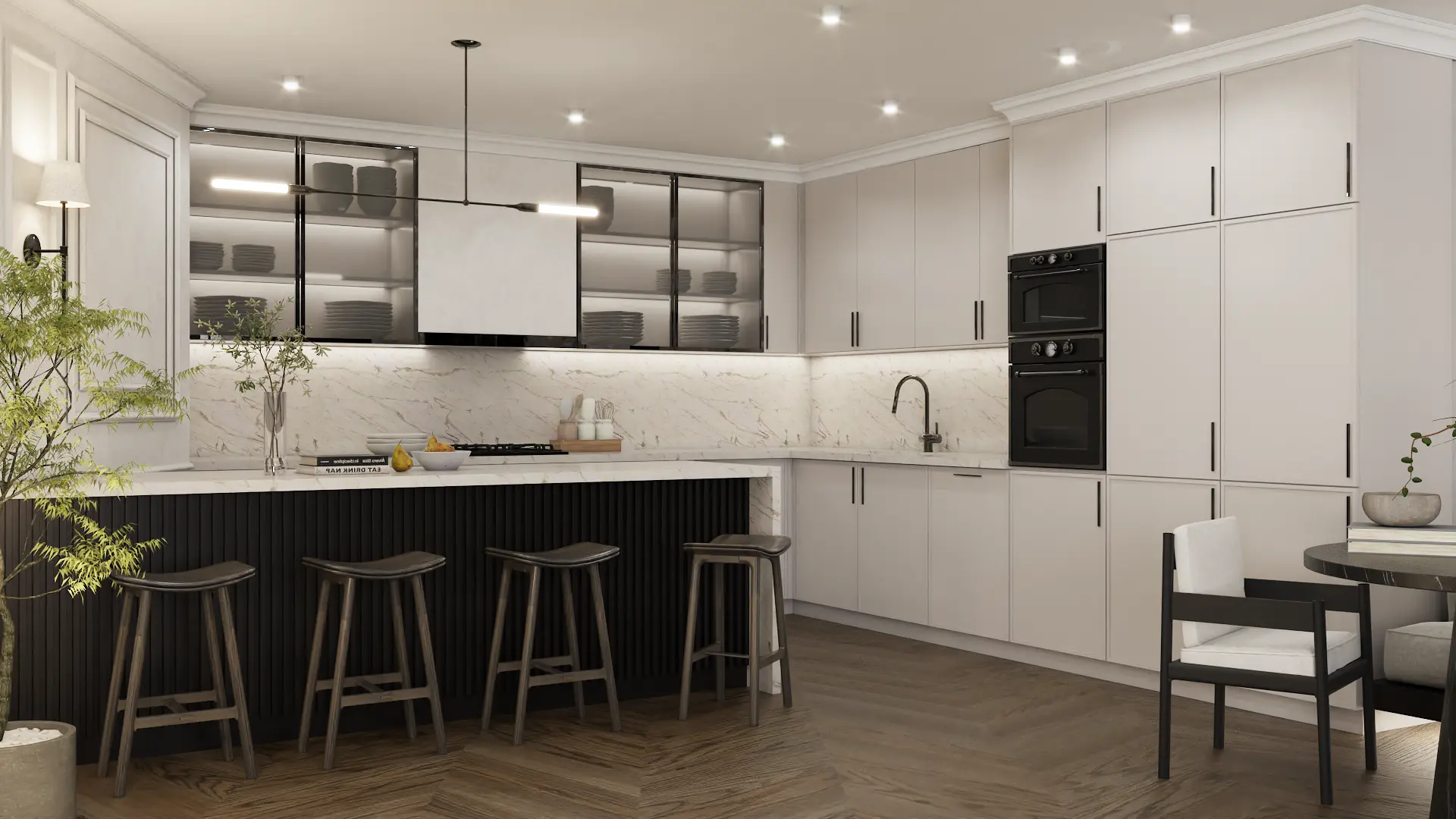 Professional kitchen interior design with marble countertops by Debora Interiors