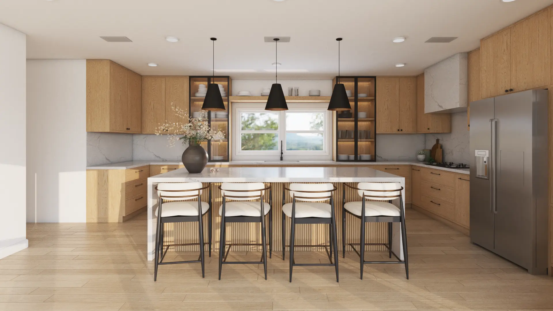 Modern kitchen design featuring elegant wood accents and minimalist stools, designed by Debora's interior design service in New York.