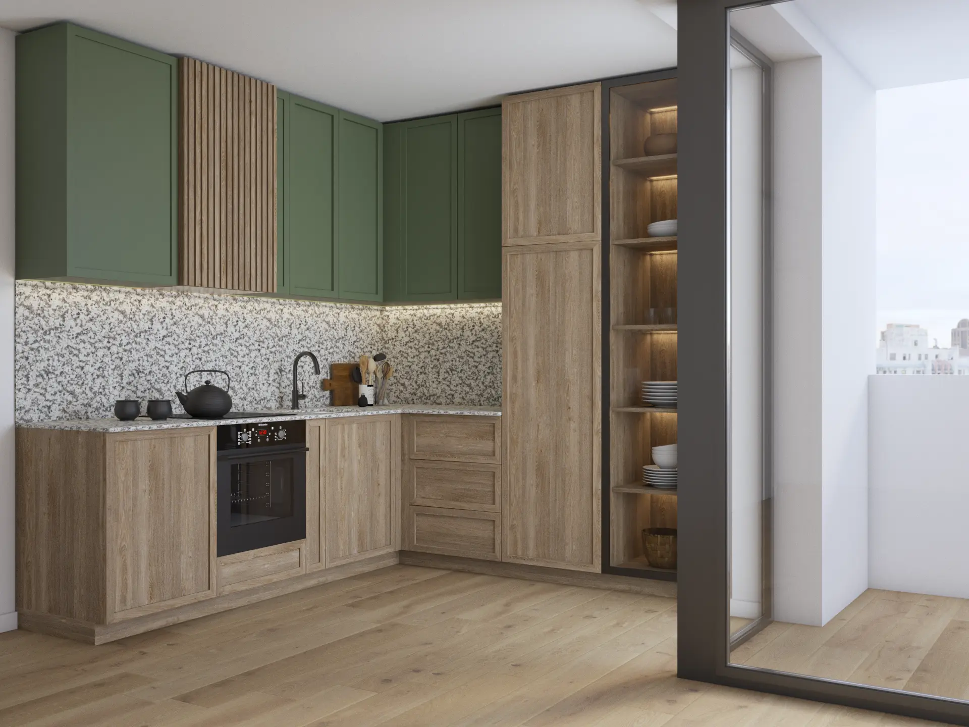 Contemporary kitchen with striking green accents and marble countertops, a standout design by Debora's interior design service in New York.