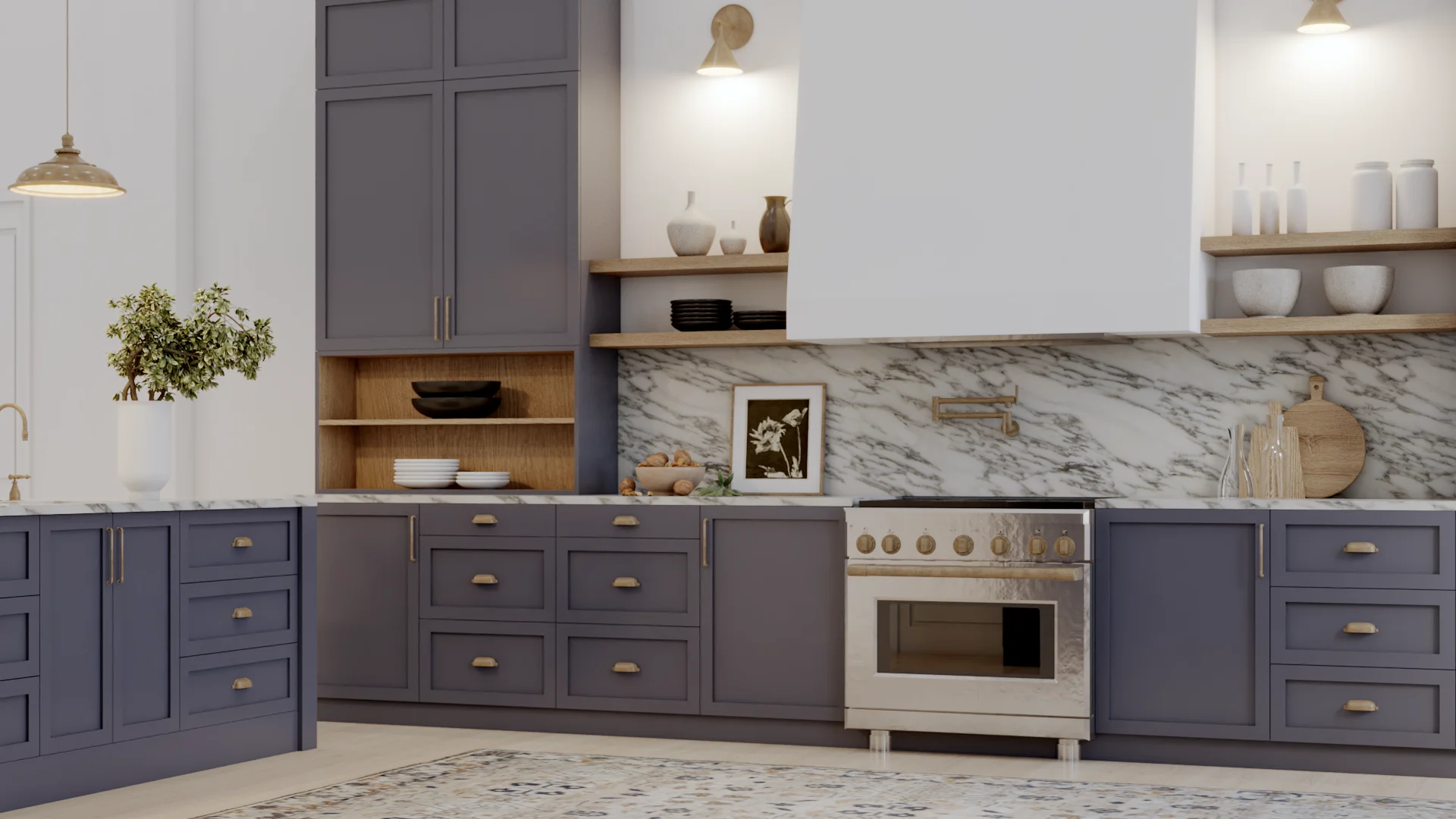 Close-up of blue shaker cabinets with brass cup pulls, white marble backsplash, pro range, oak open shelving nook with ceramics, and brass pendant light over island